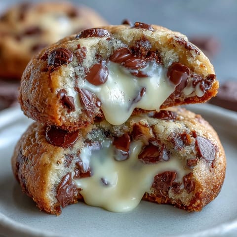 A tray of Cadbury Egg stuffed chocolate chip cookies, golden brown and gooey, with chocolate chips peeking through.