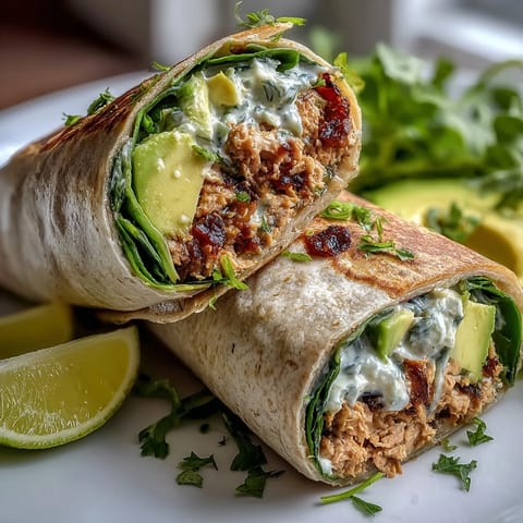 Healthy Easy 5-Ingredient Avocado Tuna Wraps with fresh spinach in whole wheat tortillas, perfect for quick lunches.  