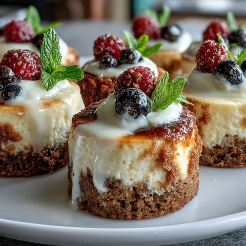 Housewarming Mini Cheesecakes with a golden cookie crust and creamy vanilla filling, topped with fresh berries and whipped cream.  