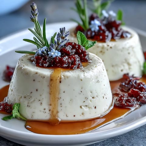 Delicate honey lavender panna cotta in glass, creamy dessert with floral aroma and golden honey drizzle.