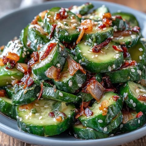 Crispy smashed cucumbers tossed with scallions and drizzled with fragrant garlic chili oil.