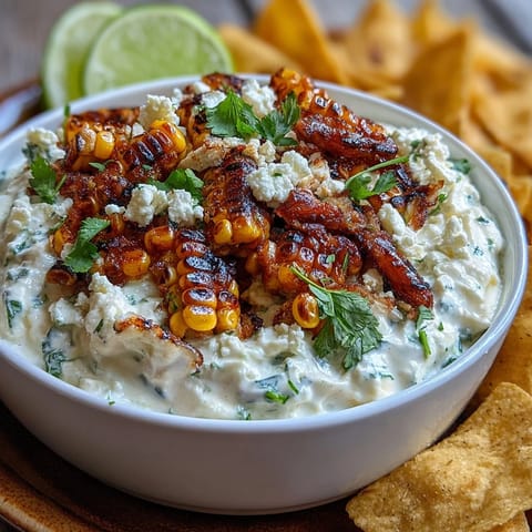 Creamy elote dip with charred corn and cotija cheese served with crispy tortilla chips for a zesty appetizer.