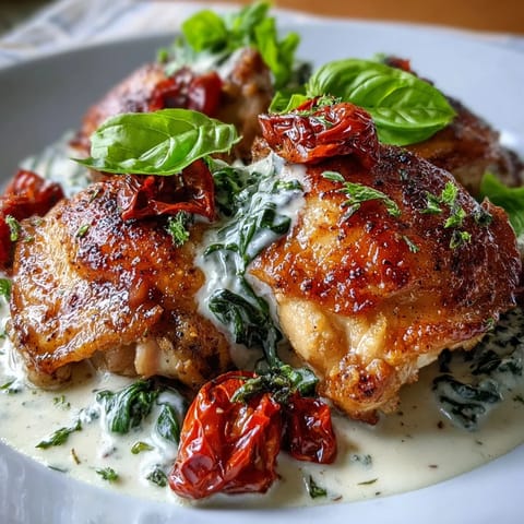 Creamy Tuscan Chicken with Sun-Dried Tomatoes in a rich, garlicky sauce with wilted spinach and fresh basil.