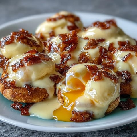Classic Eggs Benedict with silky hollandaise sauce, poached eggs, and Canadian bacon on toasted English muffins for a luxurious brunch.