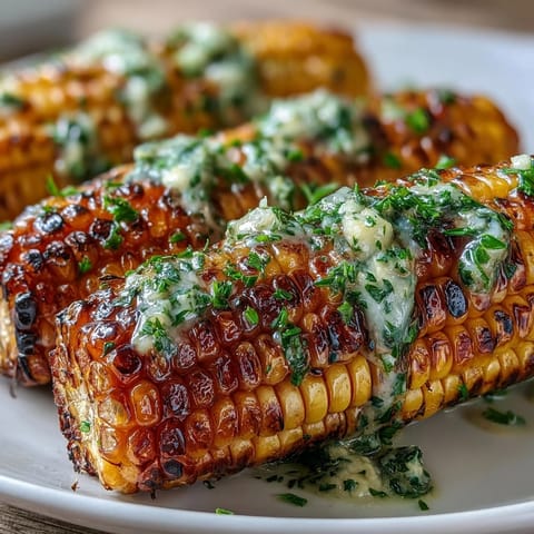 Juicy corn on the cob, wrapped in foil and infused with garlic herb butter, perfect for BBQ.  