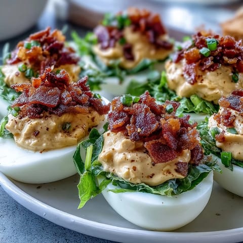 BLT Deviled Eggs with Crispy Bacon Crumbles on a white platter, garnished with lettuce and tomatoes.