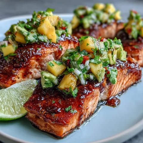 Baked salmon fillet topped with vibrant mango avocado salsa, perfect for a healthy summer dinner.  