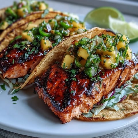 Grilled salmon tacos with mango salsa served on warm tortillas with shredded cabbage and lime wedges.  
