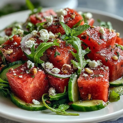 Vibrant watermelon and arugula salad with feta, mint, and lime vinaigrette—fresh, colorful, and perfect for summer dining.