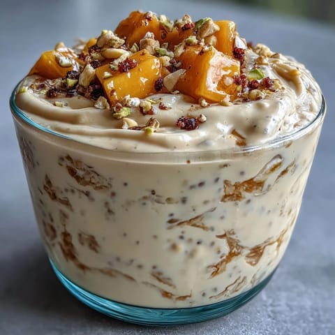 Creamy mango lassi overnight oats with fresh mango, yogurt, and cardamom for a tropical breakfast treat.
