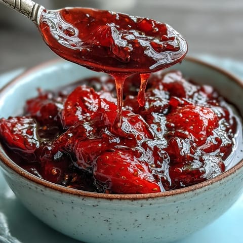 A jar of homemade cottagecore strawberry jam, glistening with fresh berries and vanilla, ready for morning toast or gifting.  