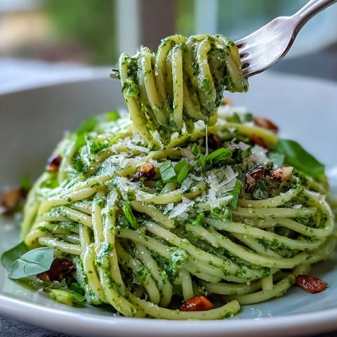 Creamy avocado pesto pasta with no-cook sauce, ready in minutes.
