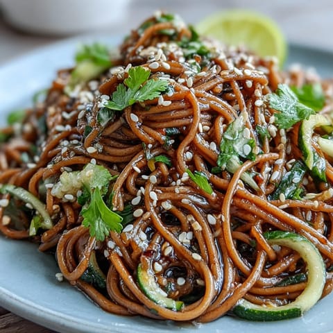 Cold soba noodle salad shines with crisp veggies and zesty sesame ginger dressing.