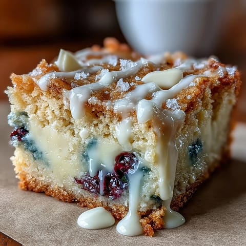 Close-up of golden White Chocolate Lemon Blueberry Blondies with melted white chocolate.