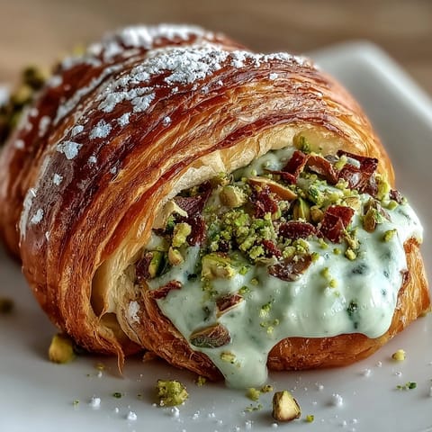 Golden pistachio cream-filled croissant with flaky layers and a dusting of powdered sugar, perfect for a luxurious brunch treat.