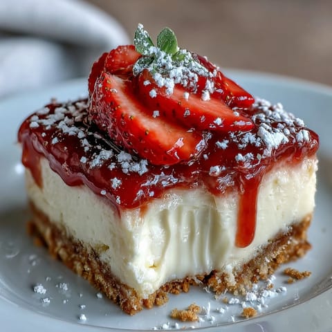 Creamy no-bake strawberry cheesecake bars with a buttery graham cracker crust, topped with fresh sliced strawberries for a refreshing dessert.
