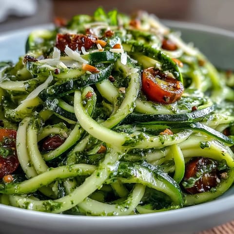 Fresh zucchini noodles tossed in vibrant basil pesto with juicy cherry tomatoes for a light, healthy meal.  