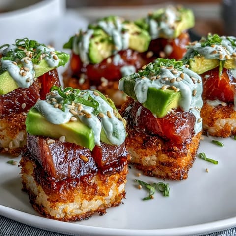 Spicy Tuna Crispy Rice Bites: Golden fried rice topped with vibrant, creamy spicy tuna.