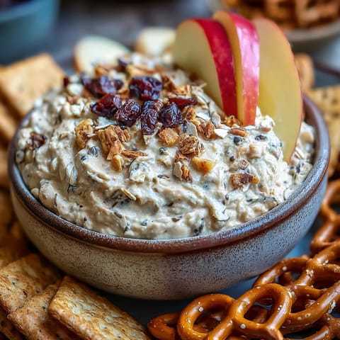 Creamy fiber-packed chickpea cookie dough dip adorned with chocolate chips, ready to scoop.