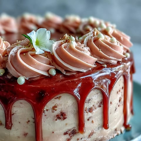 Blush pink Bridal Shower Rosé Velvet Cake artfully drizzled with shimmering gold.