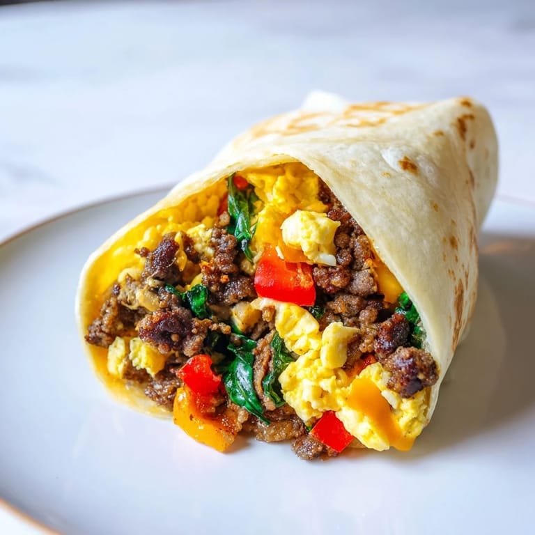 Steaming Make-Ahead Breakfast Burritos showcasing a beautiful cross-section filled with eggs, sausage, and veggies.