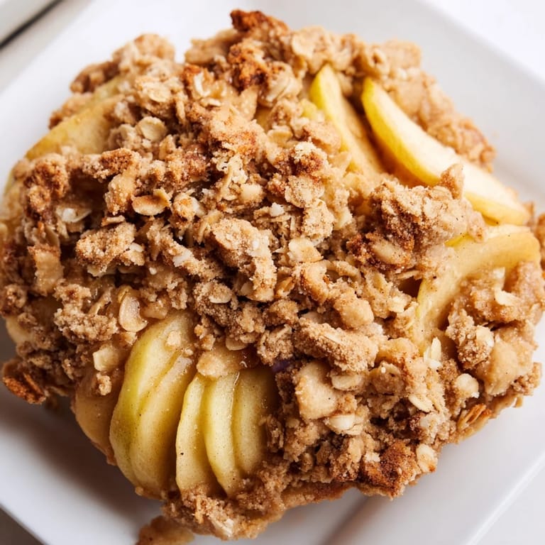 A close-up of a freshly baked Rustic Apple and Cinnamon Crumb Bake, served warm with vanilla ice cream.