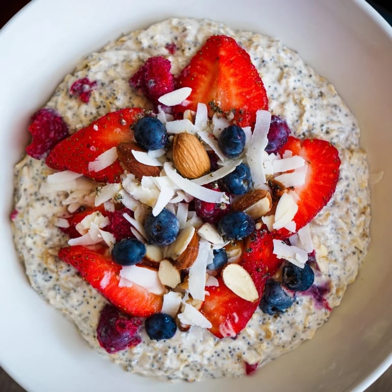 Healthy Overnight Oats with Berries and chia seeds, chilled and ready, a quick breakfast idea.