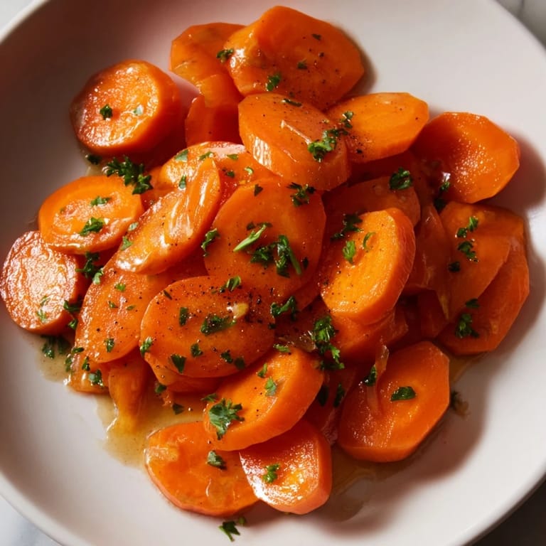 Vibrant image shows beautiful golden honey-glazed carrots with fresh herb garnish, ready to serve.