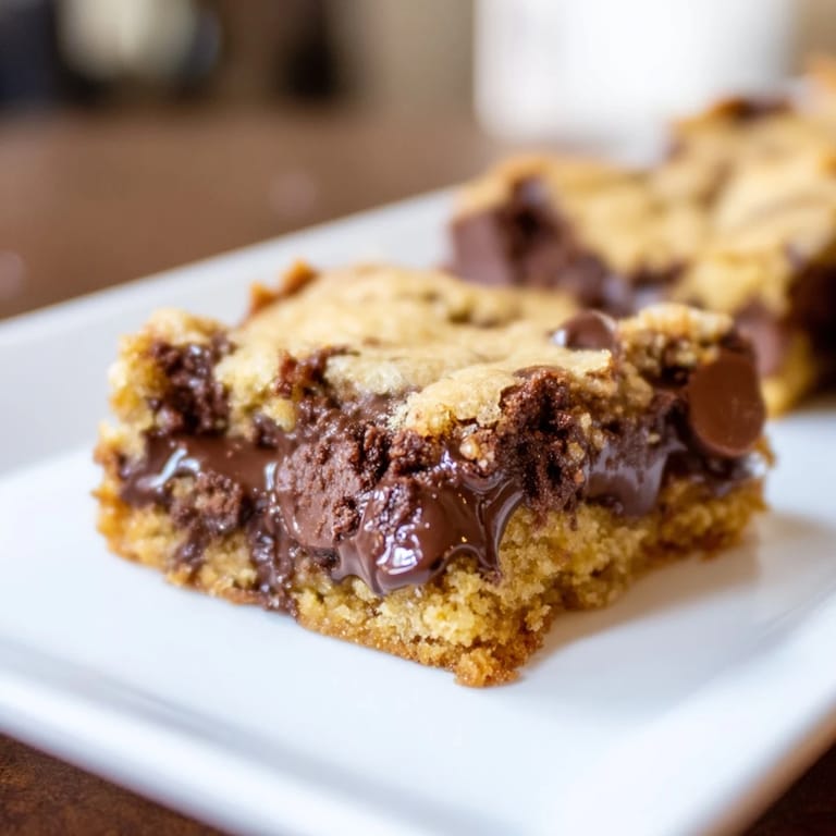 Close-up of irresistibly soft ultimate gooey chocolate chip cookie bars, showcasing a rich, buttery, golden texture.
