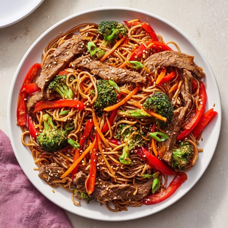 A delicious serving of Easy Beef Stir-Fry with Lo Mein Noodles, steaming hot and ready to eat.