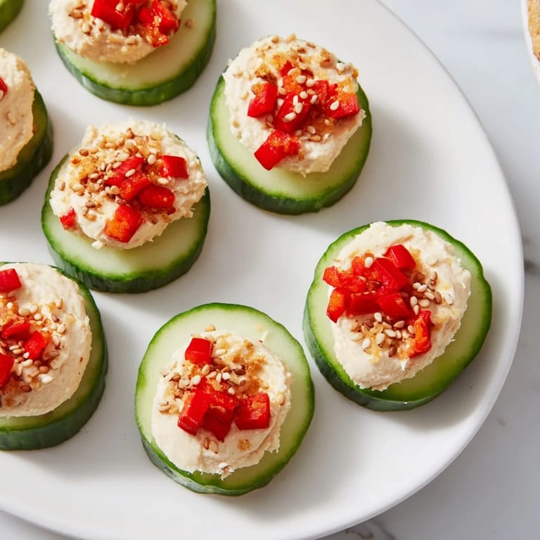 Delicious Quick Hummus and Cucumber Bites, perfect for sharing, with colorful toppings and a light, refreshing taste.