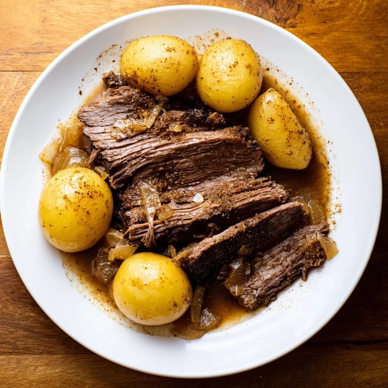 Savory slow cooker pot roast, richly-flavored, easily made with just four ingredients and beef broth.