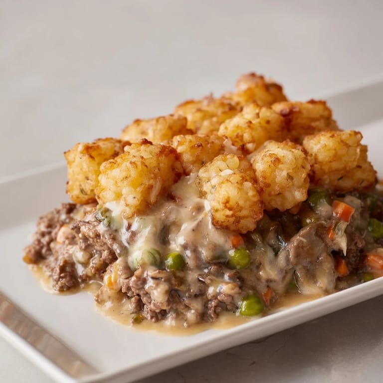 A close-up shot of a comforting Family Favorite Tater Tot Casserole, topped with crispy golden tater tots.
