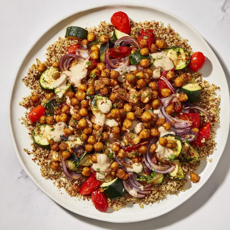 A flavorful Mediterranean Chickpea and Veggie Grain Bowl, offering a delicious vegetarian, healthy lunch or dinner option.