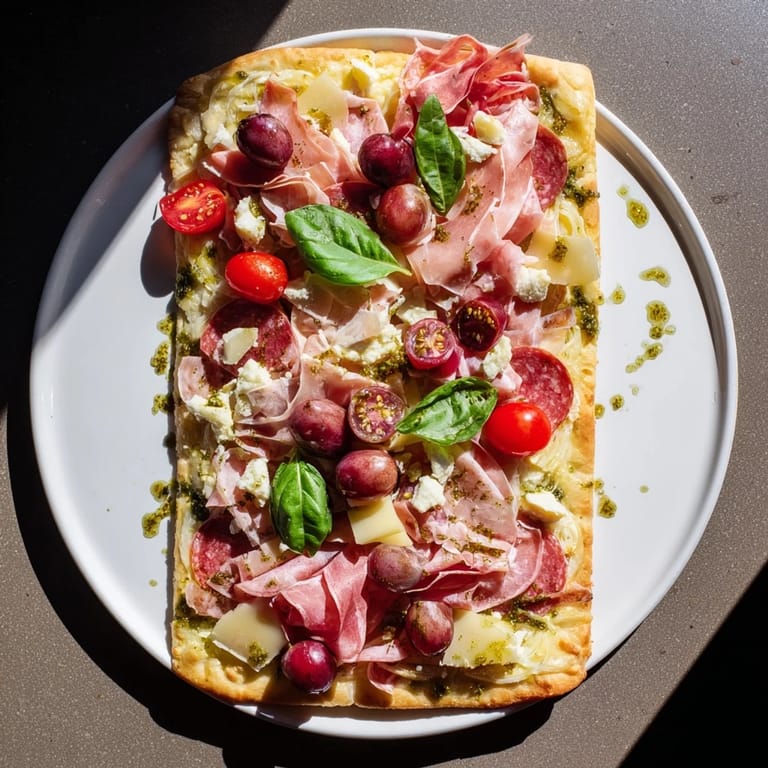 Shareable The Rustic Raft flatbread creation with an assortment of salami, brie, and juicy grapes on display.