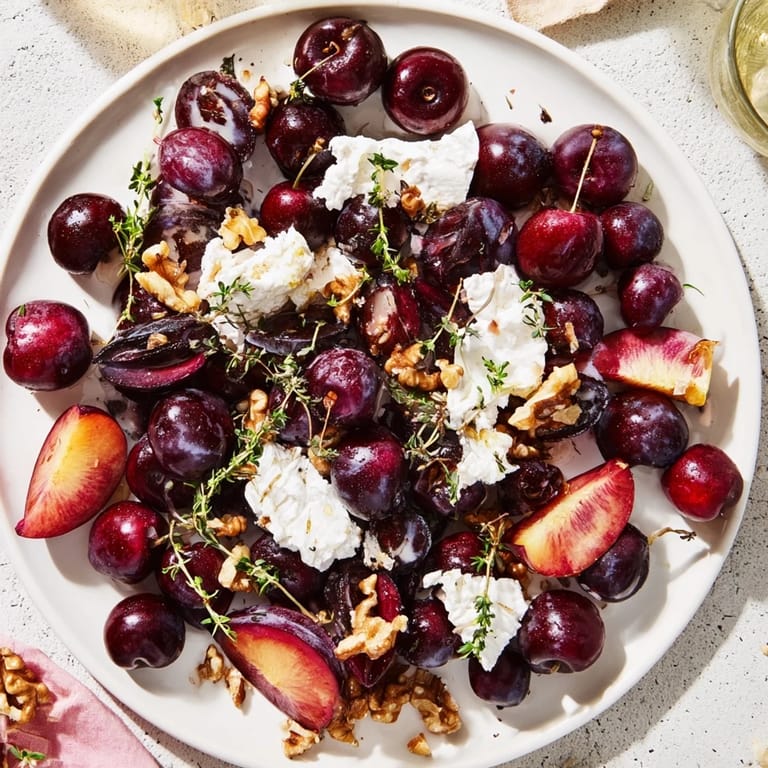 Creamy goat cheese and colorful fruit on a Midnight Orchard platter, perfect for a gluten-free appetizer.