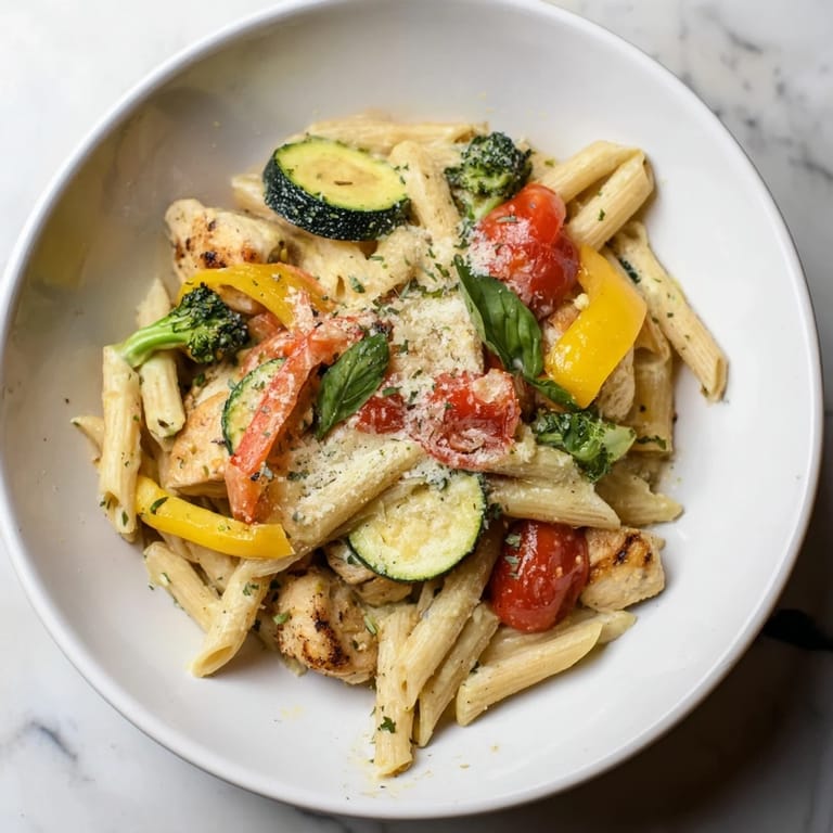 This 5-4-3-2-1 Pasta Primavera features tender chicken and vegetables tossed in creamy Parmesan sauce served immediately.