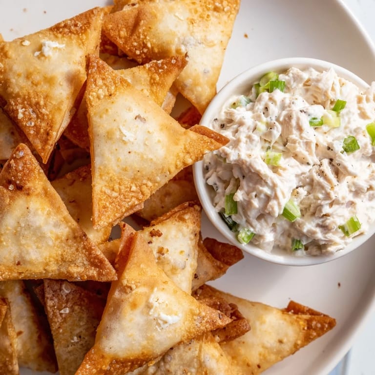 Freshly made air fryer lumpia chips, ready to be dipped into the flavorful, homemade chicken cream cheese.