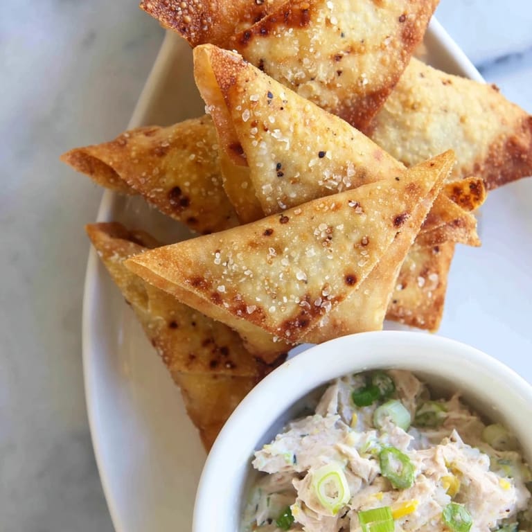 Close-up of crispy and savory air fryer lumpia chips perfect for scooping up the creamy chicken dip.