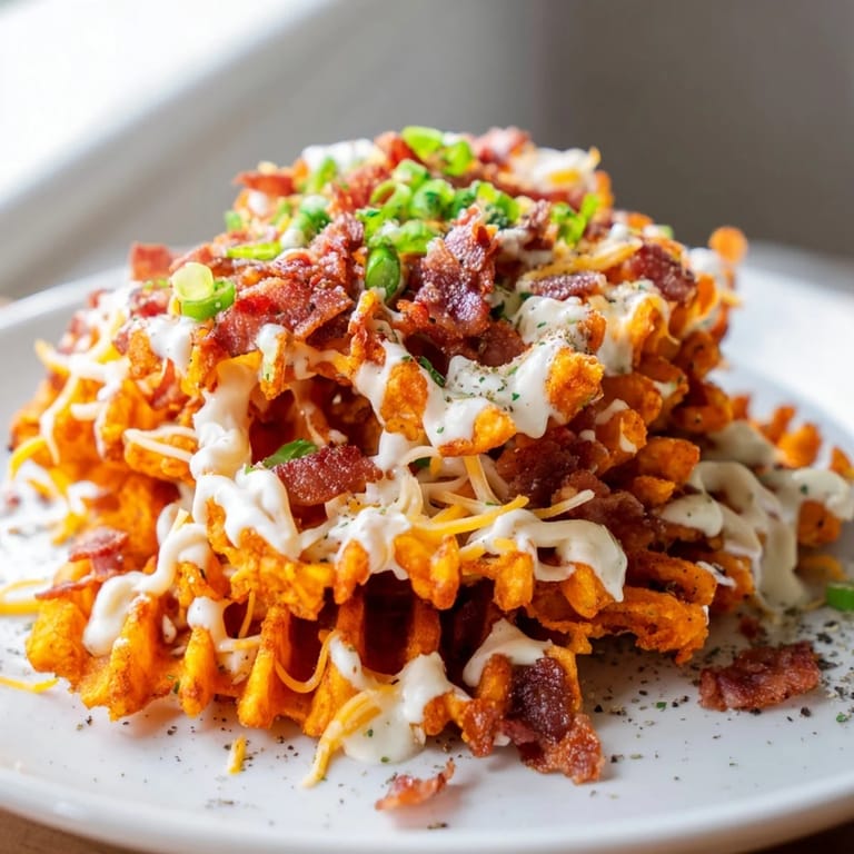 Delectable Loaded Sweet Potato Fries featuring ranch dressing, fresh green onions, and flavorful crumbled bacon.