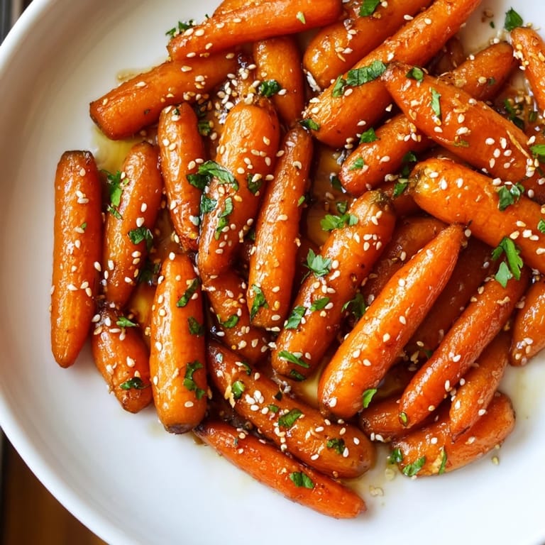 A close-up view of honey soy roasted carrots, showing the tender glaze and sesame seed garnish.