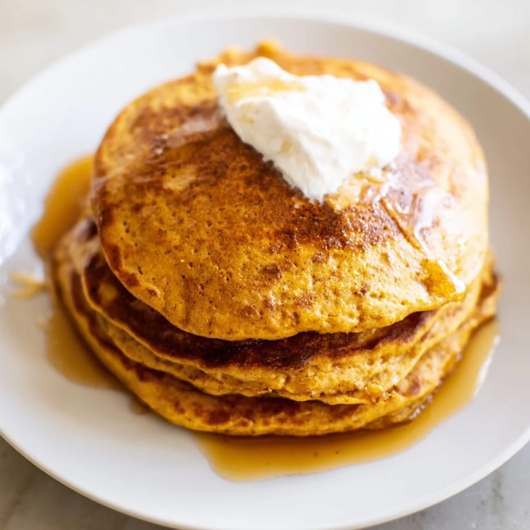 Enjoy seeing a plate of fresh, fluffy pumpkin spice pancakes, with a hint of spice, prepared effortlessly.