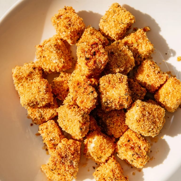 Close-up of freshly baked popcorn tofu bites, coated in flavorful breading, ideal for sharing as an appetizer.