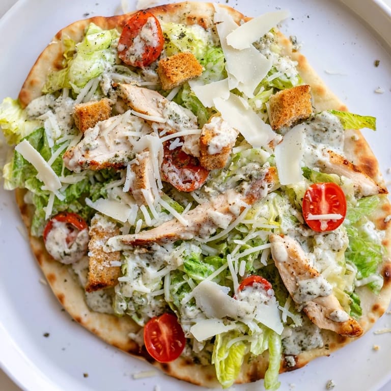 A delicious overhead shot of a Chicken Caesar Flatbread with grilled chicken and creamy Caesar dressing.
