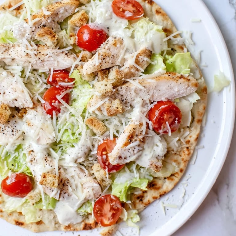 Freshly baked Chicken Caesar Flatbread, showing crispy flatbread crust and flavorful toppings ready to eat.