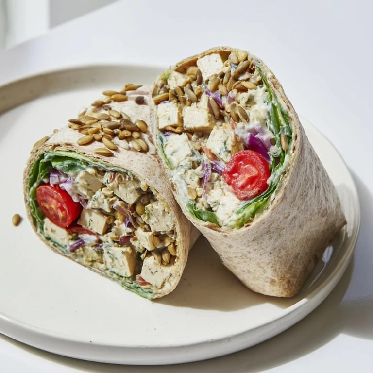 A colorful High-Protein Chicken-less Caesar Wrap filled with vibrant vegetables and a flavorful dressing.