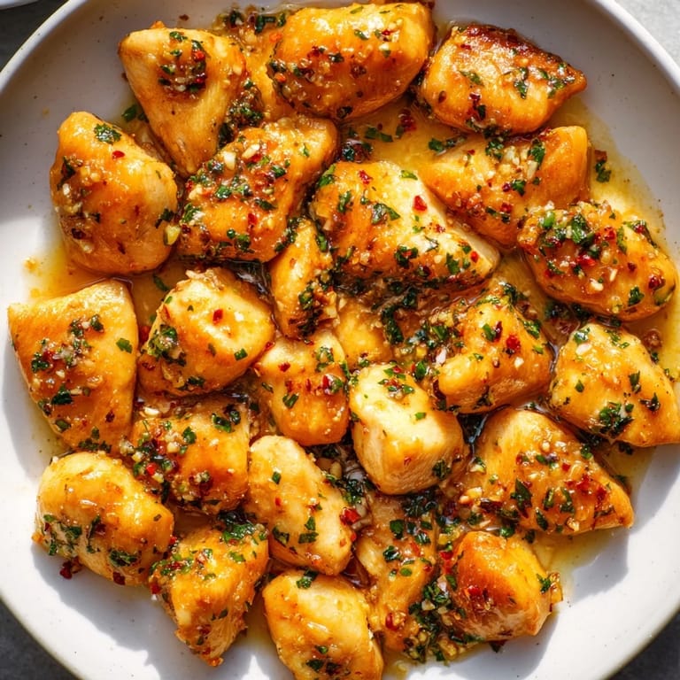 Close-up of Garlic Butter Chicken Bites, showcasing tender chicken coated in a rich, buttery garlic sauce.