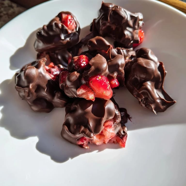 A close-up shot of homemade Strawberry Yogurt Clusters featuring vibrant red strawberry pieces and creamy yogurt.