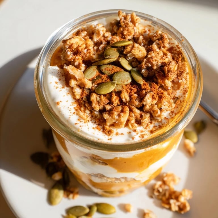Enjoy the autumn vibes with this flavorful Pumpkin Yogurt Parfait layered in tall, clear glasses.
