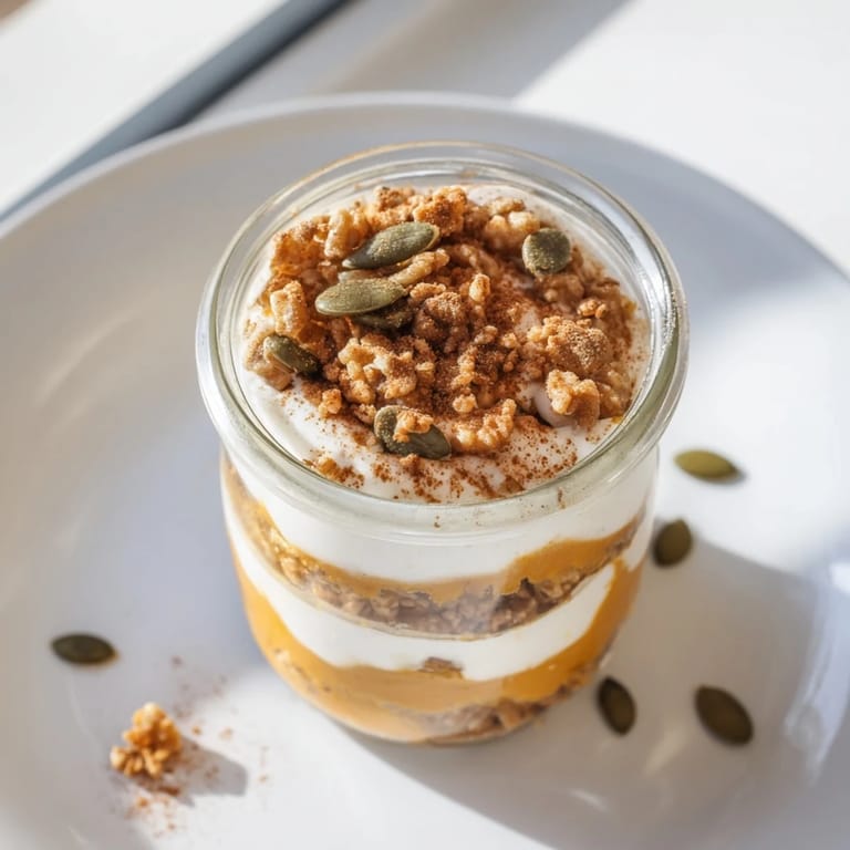 Creamy Pumpkin Yogurt Parfait layers show pumpkin purée, Greek yogurt, and crunchy granola ready to eat.